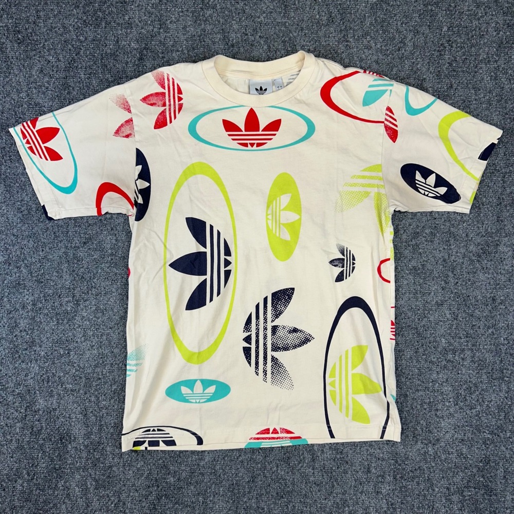 Adidas Originals Trefoil All Over Print T-Shirt Cream Multi Color Mens Small